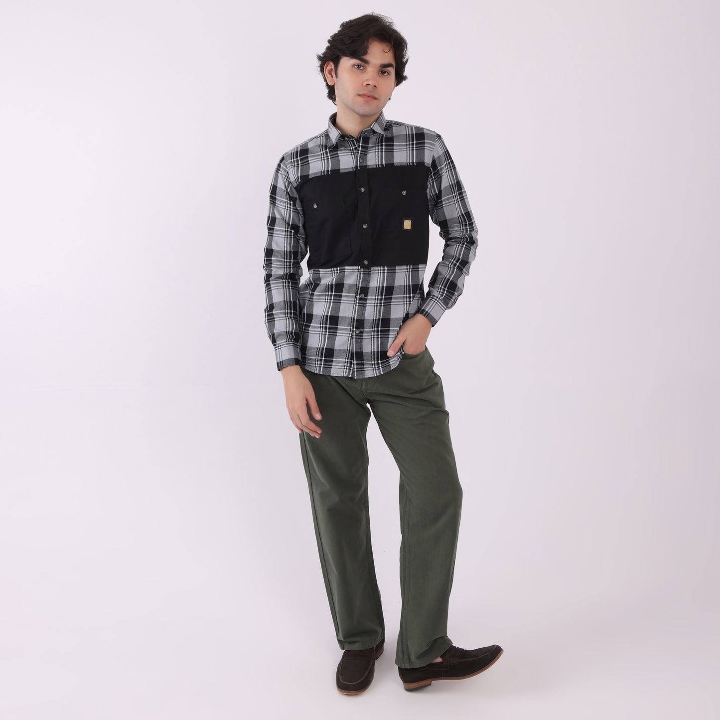 Lionies Men's Dual Tone Checkered Shirt – Grey & Black Panel Casual Wear