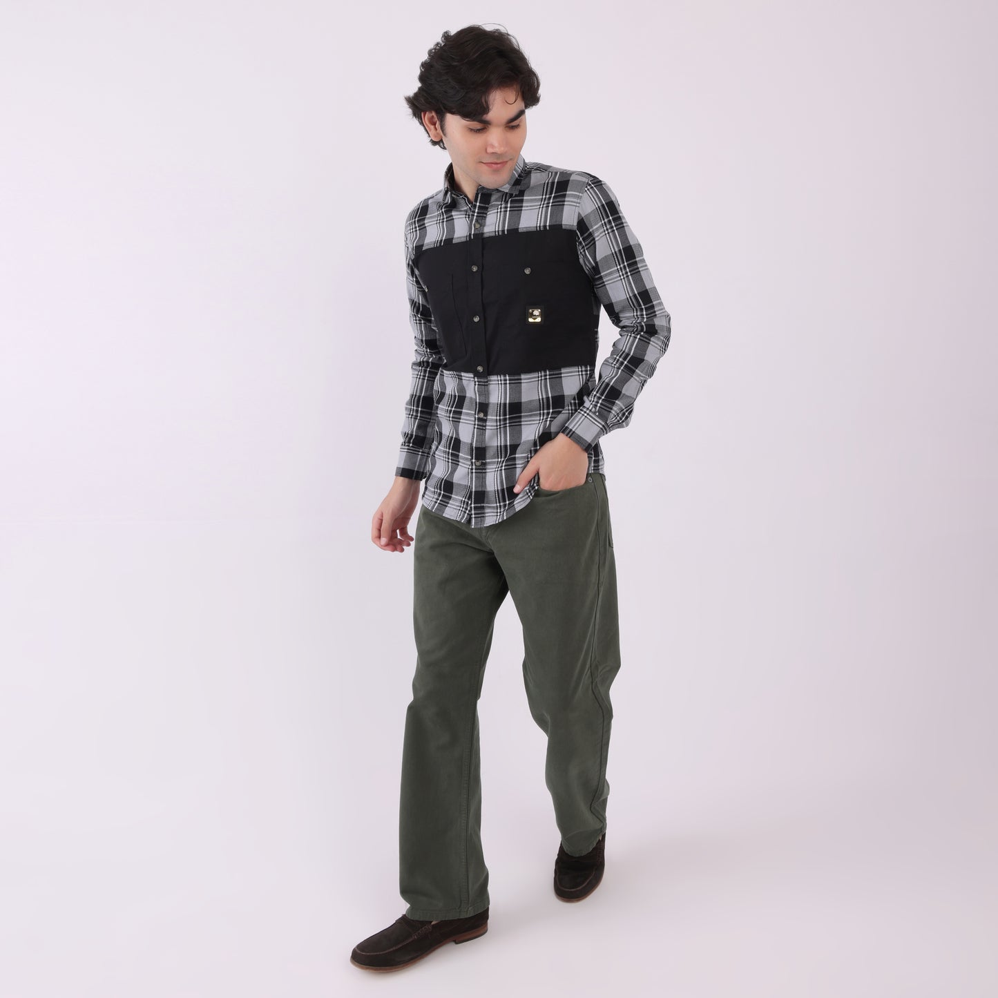 Lionies Men's Dual Tone Checkered Shirt – Grey & Black Panel Casual Wear