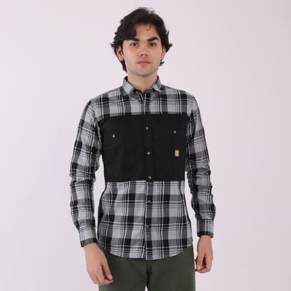 Lionies Men's Dual Tone Checkered Shirt – Grey & Black Panel Casual Wear