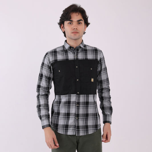 Lionies Men's Dual Tone Checkered Shirt – Grey & Black Panel Casual Wear