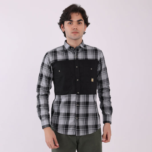Lionies Men's Dual Tone Checkered Shirt – Grey & Black Panel Casual Wear
