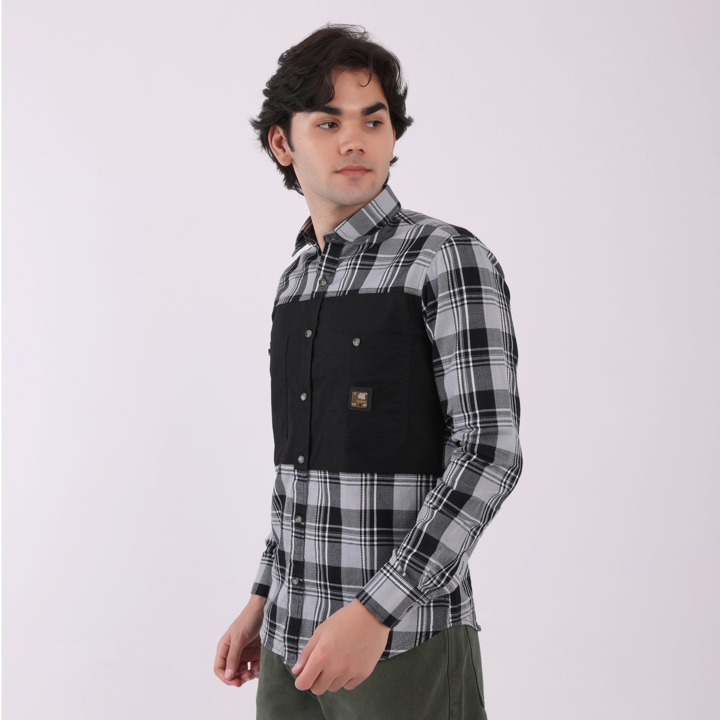 Lionies Men's Dual Tone Checkered Shirt – Grey & Black Panel Casual Wear