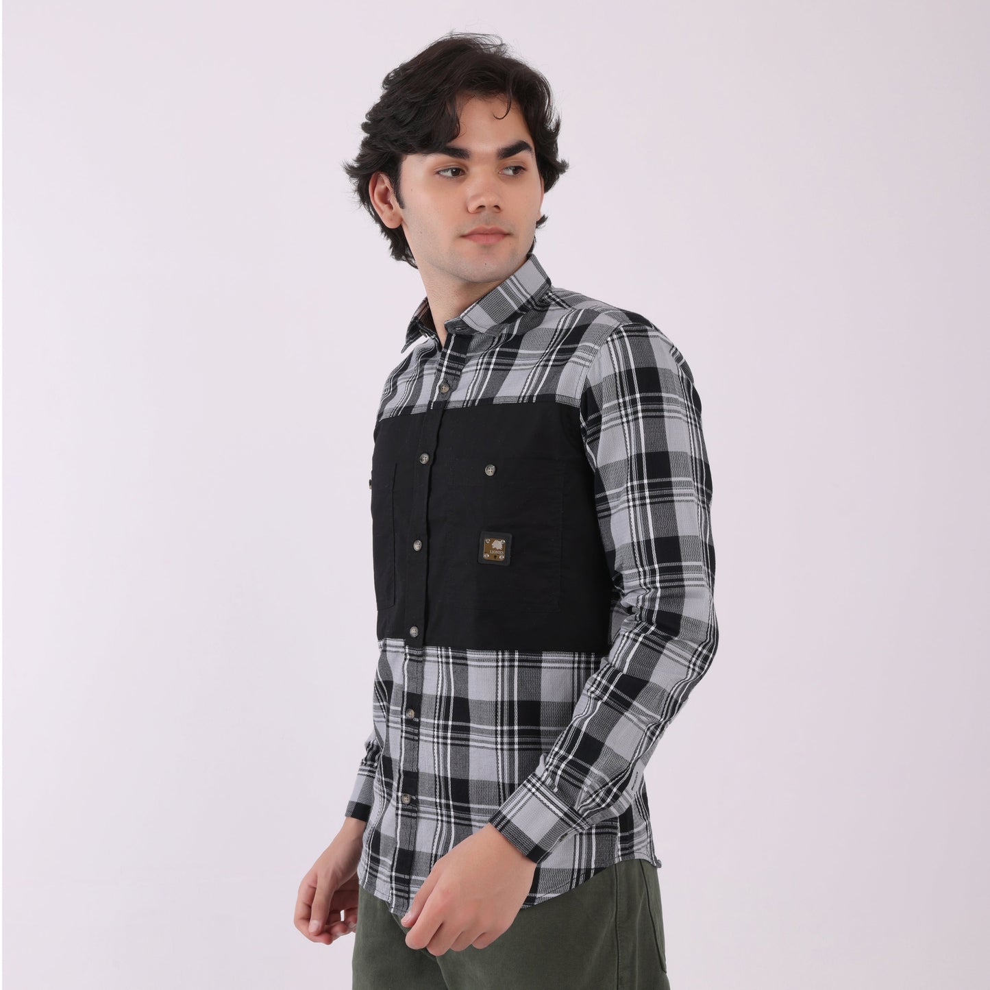 Lionies Men's Dual Tone Checkered Shirt – Grey & Black Panel Casual Wear