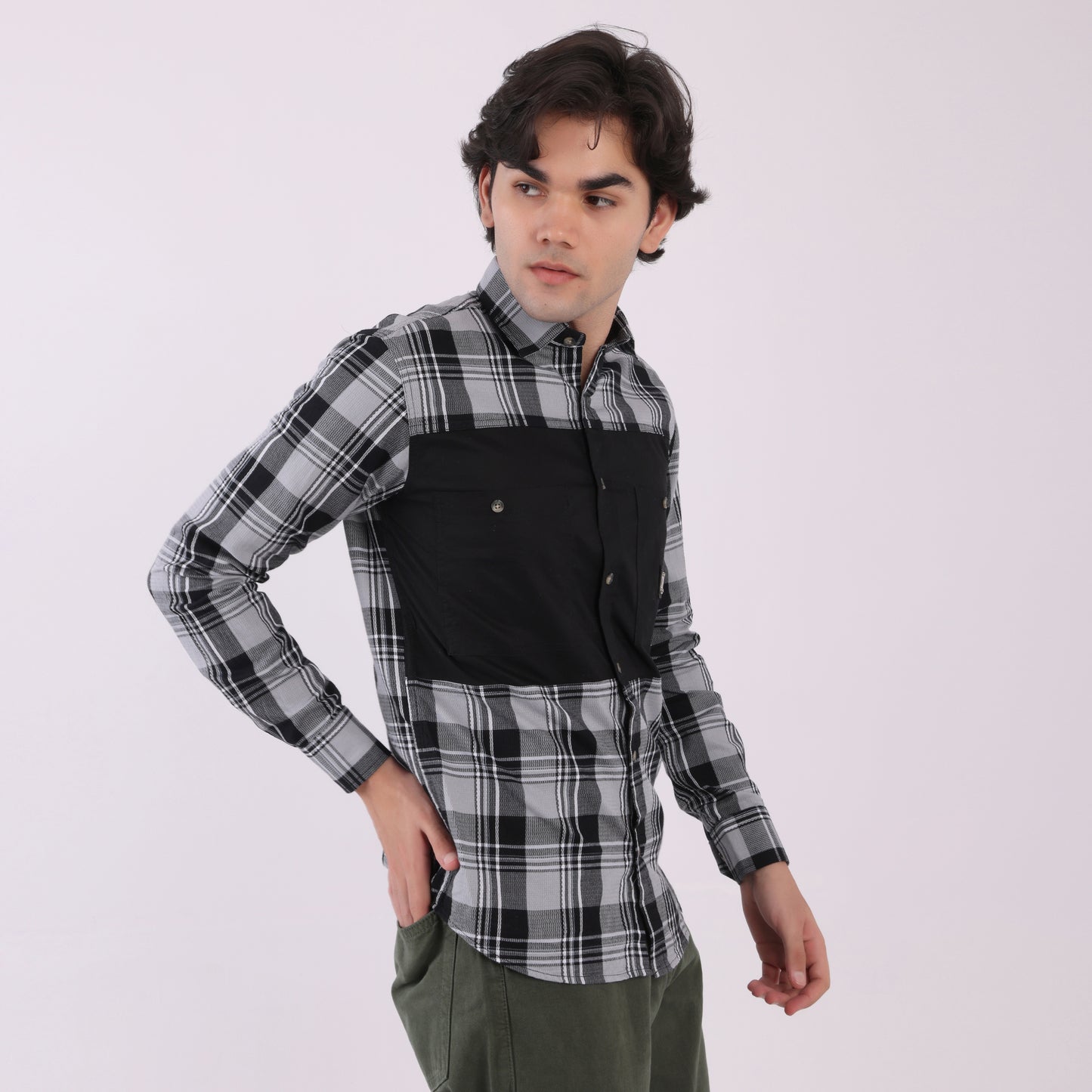 Lionies Men's Dual Tone Checkered Shirt – Grey & Black Panel Casual Wear
