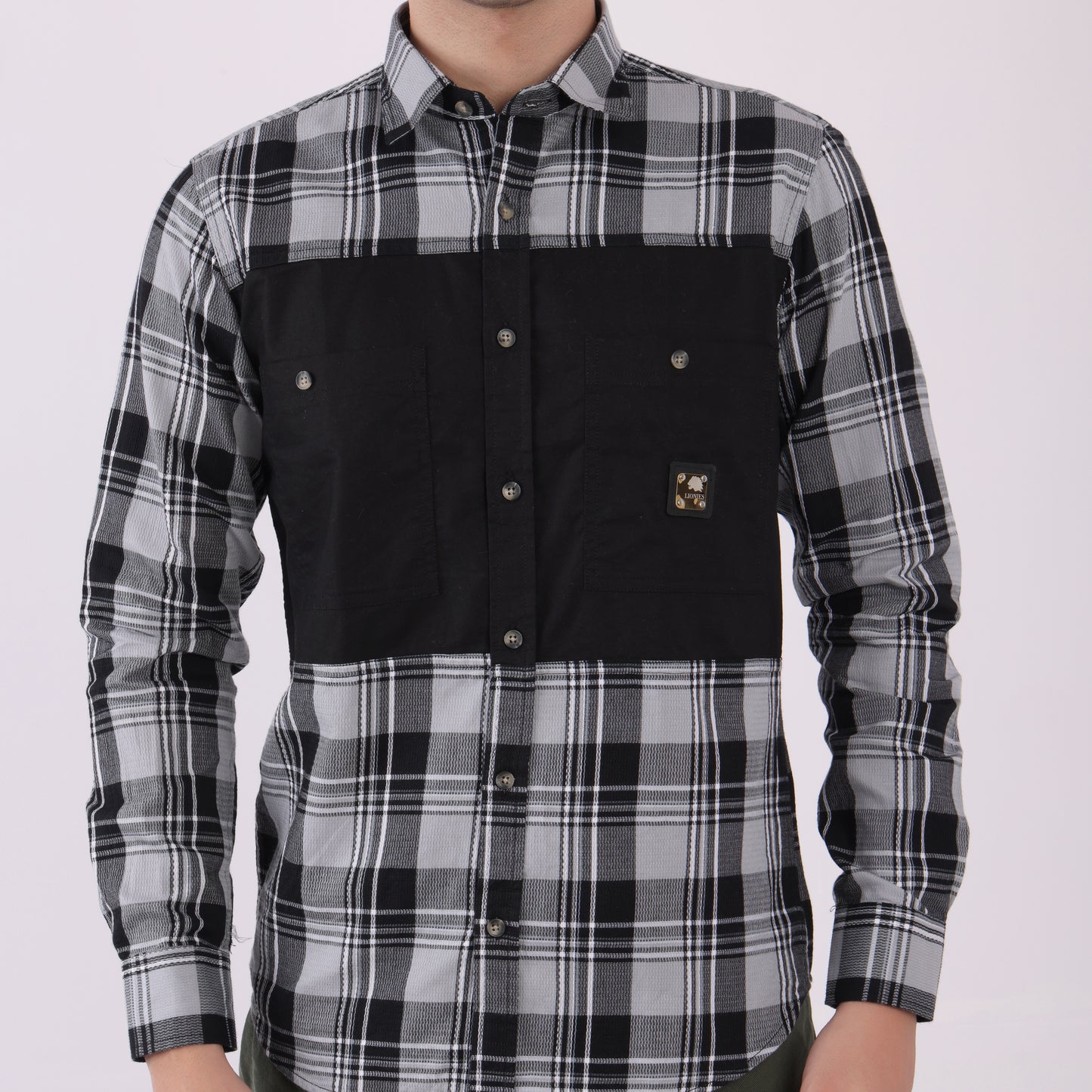 Lionies Men's Dual Tone Checkered Shirt – Grey & Black Panel Casual Wear
