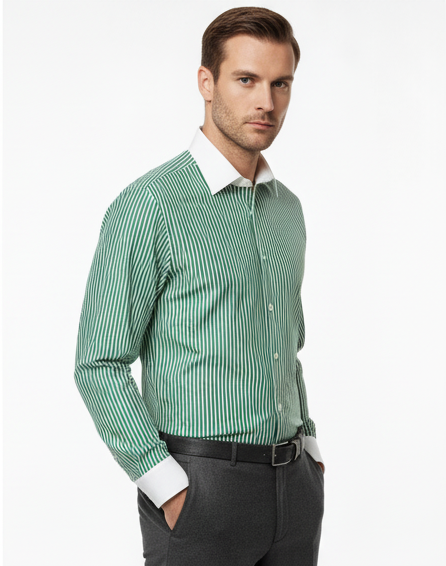 LIONIES Premium Green & White Striped Formal Shirt for Men