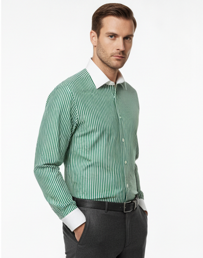 LIONIES Premium Green & White Striped Formal Shirt for Men
