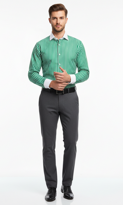 LIONIES Premium Green & White Striped Formal Shirt for Men