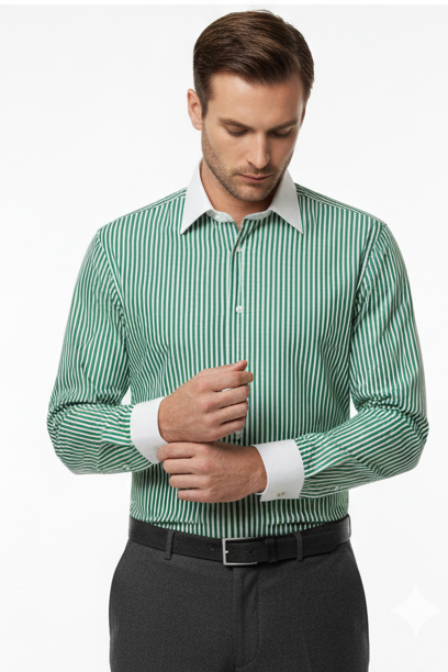 LIONIES Premium Green & White Striped Formal Shirt for Men