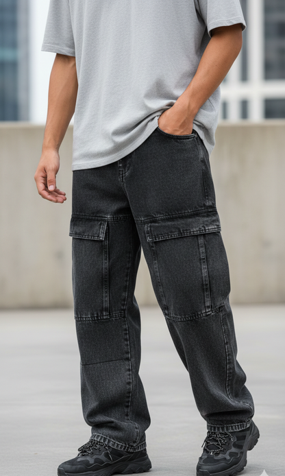 LIONIES Oversized Black Cargo Denim Jeans for Men