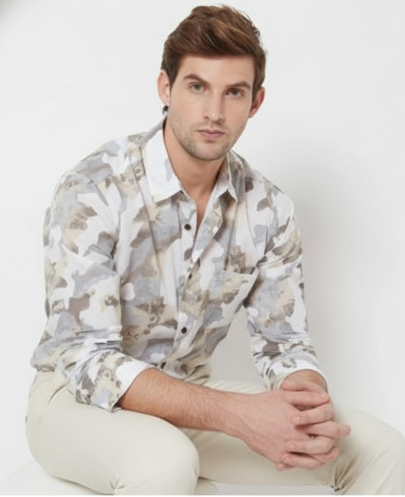 LIONIES Men’s Beige & White Camouflage Printed & Stylish Casual Cotton Shirt