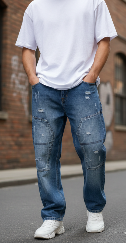 LIONIES Men’s Street Style Distressed Denim Cargo Pants