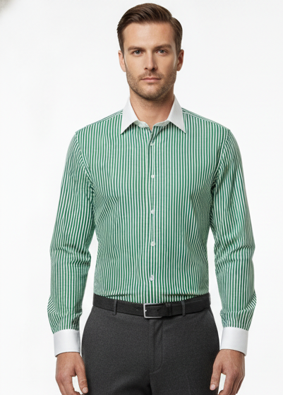 LIONIES Premium Green & White Striped Formal Shirt for Men Contrast Collar Slim Fit