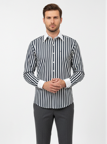 LIONIES Premium Navy Blue & White Striped Formal Shirt for Men Slim Fit Business Wear