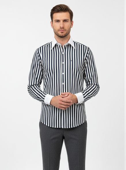 LIONIES Premium Navy Blue & White Striped Formal Shirt for Men Slim Fit Business Wear