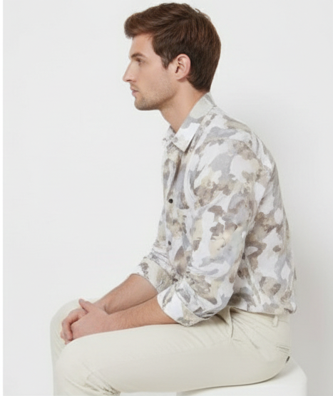 LIONIES Men’s Beige & White Camouflage Printed & Stylish Casual Cotton Shirt