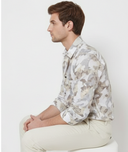 LIONIES Men’s Beige & White Camouflage Printed & Stylish Casual Cotton Shirt