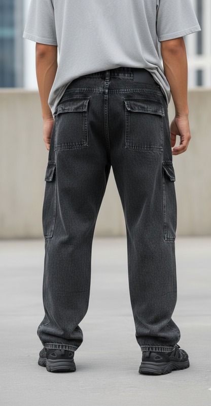 LIONIES Oversized Black Cargo Denim Jeans for Men