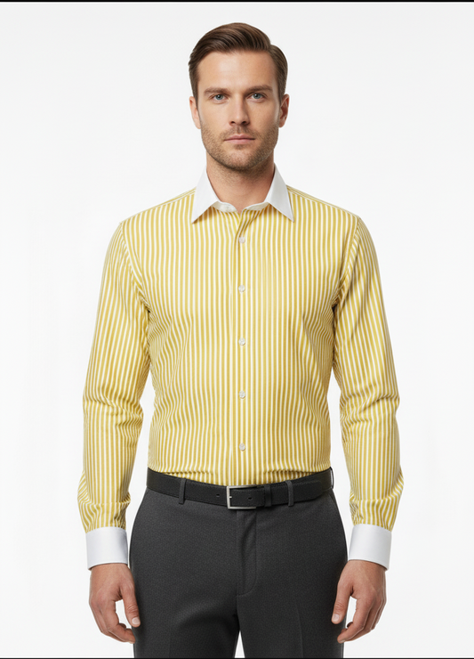 LIONIES Premium Yellow & White Striped Formal Shirt for Men Slim Fit Business Wear