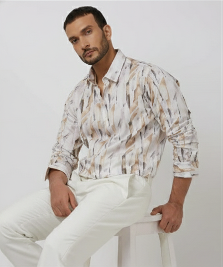 LIONIES Premium Abstract Printed Casual Shirt for Men Stylish Beige & White Pattern