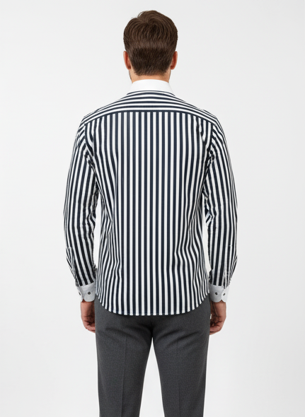 LIONIES Premium Navy Blue & White Striped Formal Shirt for Men Slim Fit Business Wear