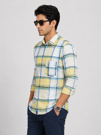 LIONIES Premium Yellow Blue Checkered Casual Shirt