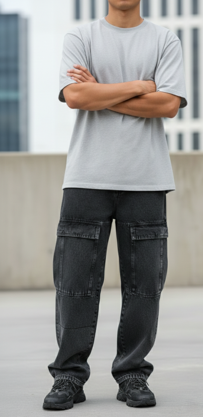 LIONIES Oversized Black Cargo Denim Jeans for Men