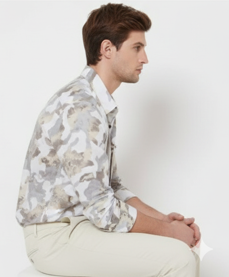 LIONIES Men’s Beige & White Camouflage Printed & Stylish Casual Cotton Shirt
