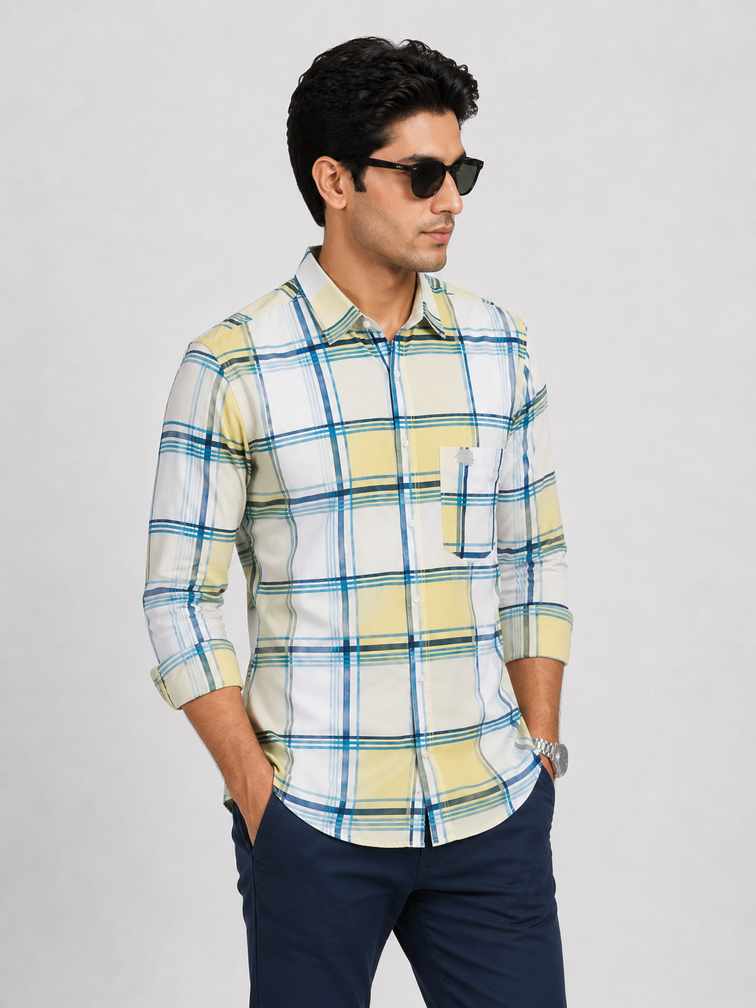 LIONIES Premium Yellow Blue Checkered Casual Shirt