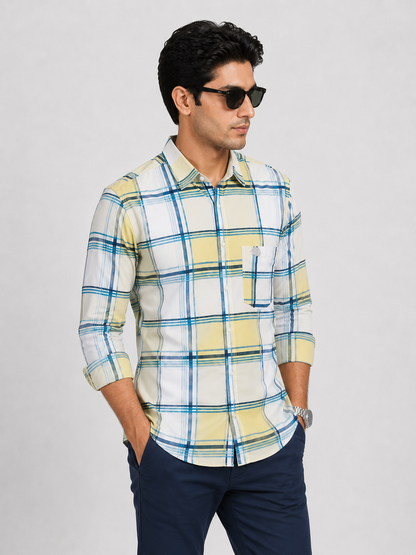 LIONIES Premium Yellow Blue Checkered Casual Shirt