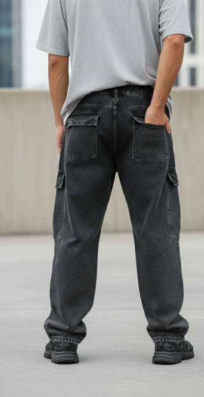LIONIES Oversized Black Cargo Denim Jeans for Men