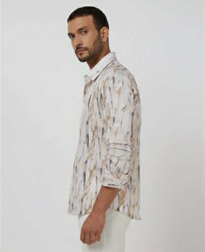 LIONIES Premium Abstract Printed Casual Shirt for Men Stylish Beige & White Pattern