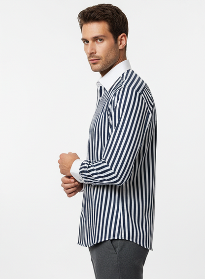 LIONIES Premium Navy Blue & White Striped Formal Shirt for Men Slim Fit Business Wear