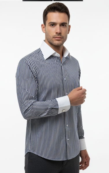 LIONIES Premium Navy Blue & White Striped Formal Shirt for Men Slim Fit Business Wear