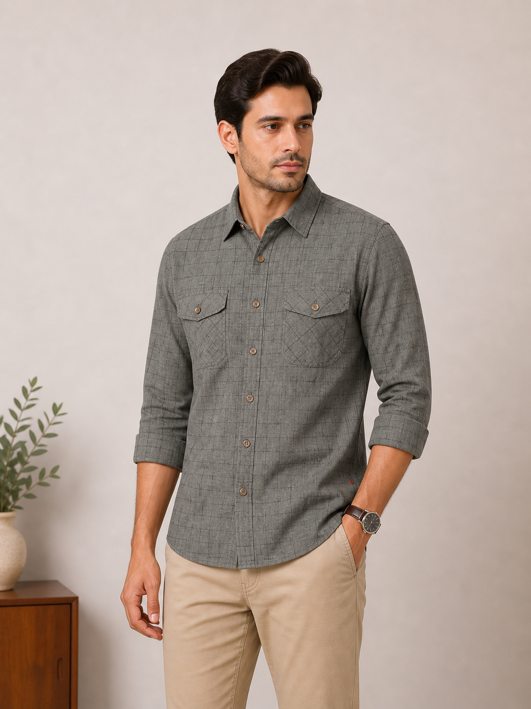 Lionies Men’s Grey Textured Shirt – Style & Comfort Combo