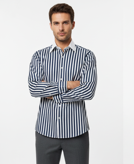 LIONIES Premium Navy Blue & White Striped Formal Shirt for Men Slim Fit Business Wear