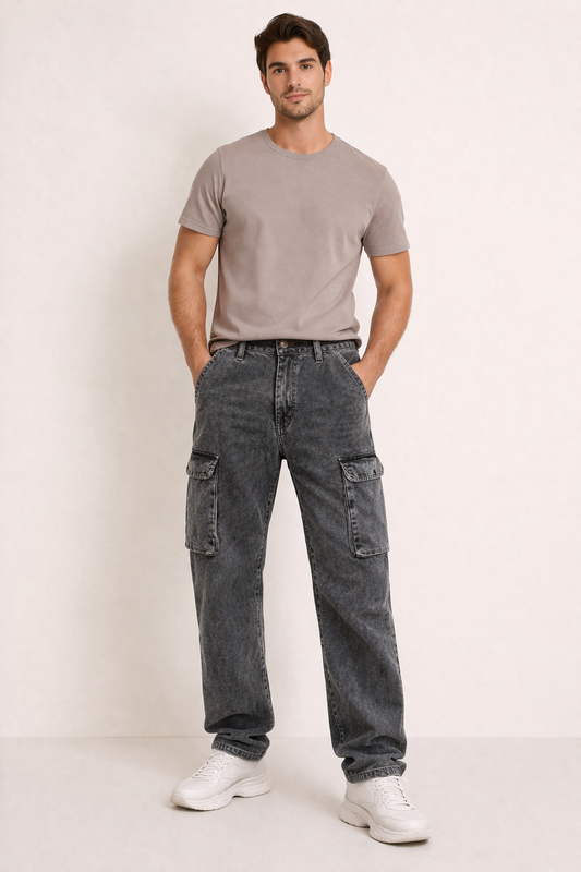 Men’s Charcoal Grey Cargo Pants – Loose Fit Multi-Pocket Streetwear Bottoms