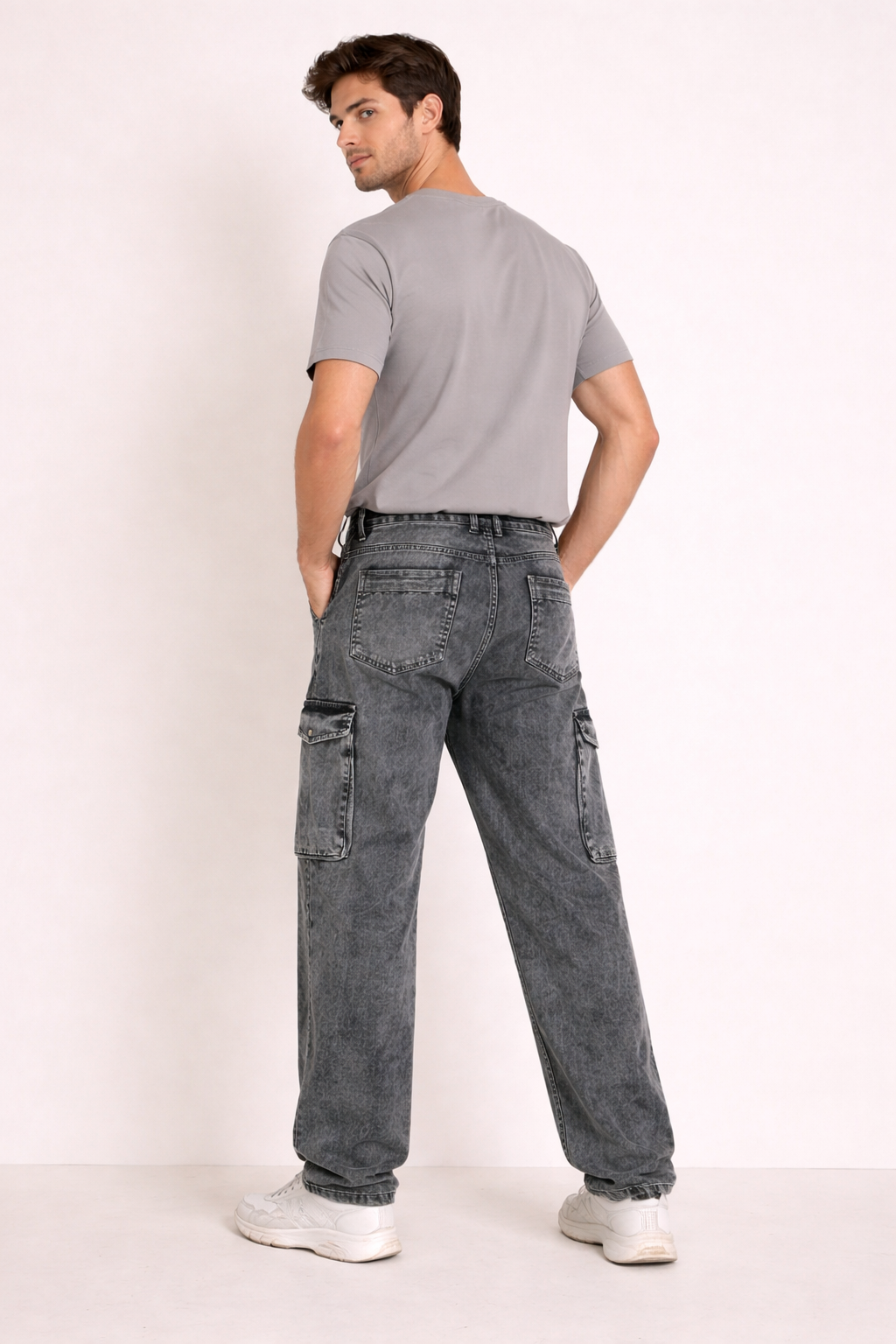 Men’s Charcoal Grey Cargo Pants – Loose Fit Multi-Pocket Streetwear Bottoms