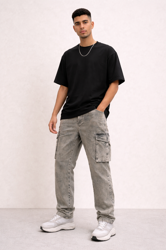 Men’s Light Green Washed Cargo Pants – Relaxed Fit Multi-Pocket Street Style Jeans