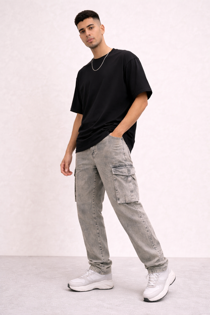 Men’s Light Green Washed Cargo Pants – Relaxed Fit Multi-Pocket Street Style Jeans