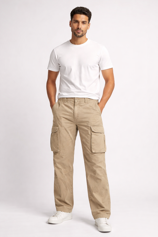 Men’s Beige Cargo Pants – Straight Fit Casual Utility Bottoms