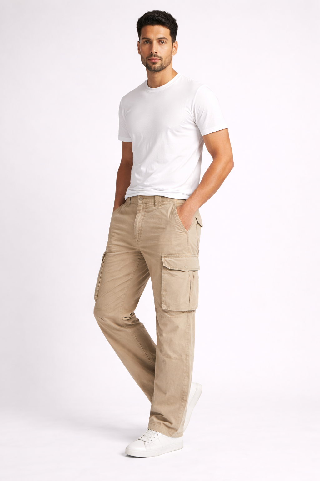Men’s Beige Cargo Pants – Straight Fit Casual Utility Bottoms