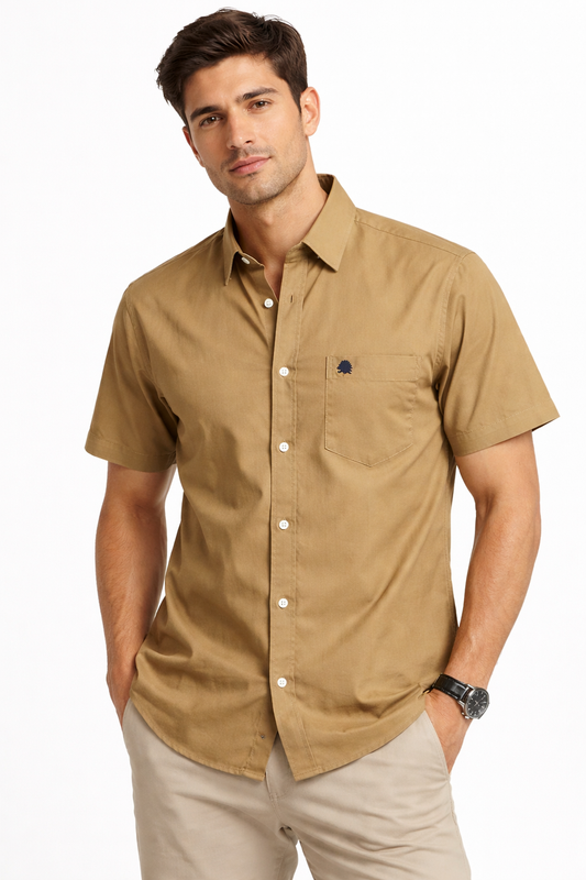 Men’s Mustard Brown Slim-Fit Cotton Casual Short Sleeve Shirt with Front Pocket