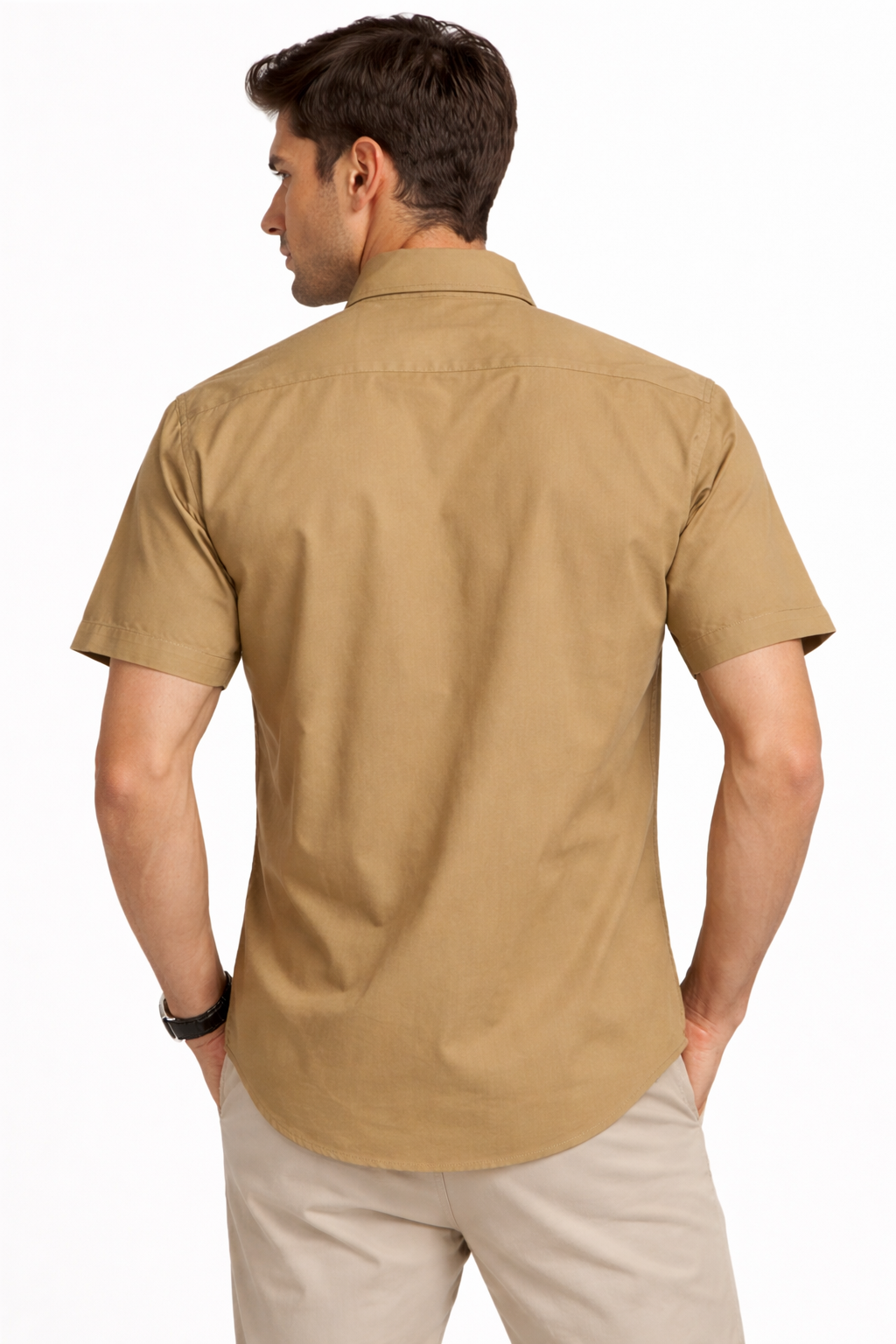 Men’s Mustard Brown Slim-Fit Cotton Casual Short Sleeve Shirt with Front Pocket