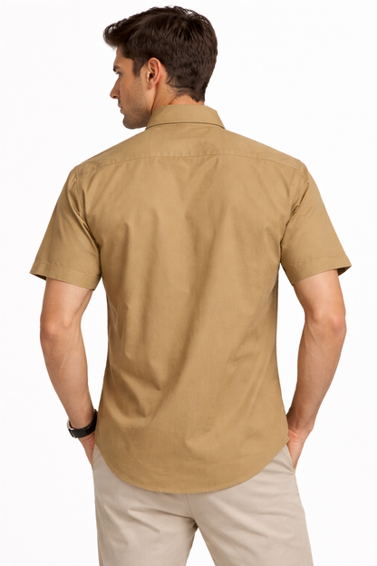 Men’s Mustard Brown Slim-Fit Cotton Casual Short Sleeve Shirt with Front Pocket
