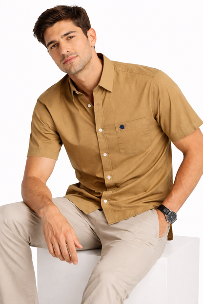 Men’s Mustard Brown Slim-Fit Cotton Casual Short Sleeve Shirt with Front Pocket