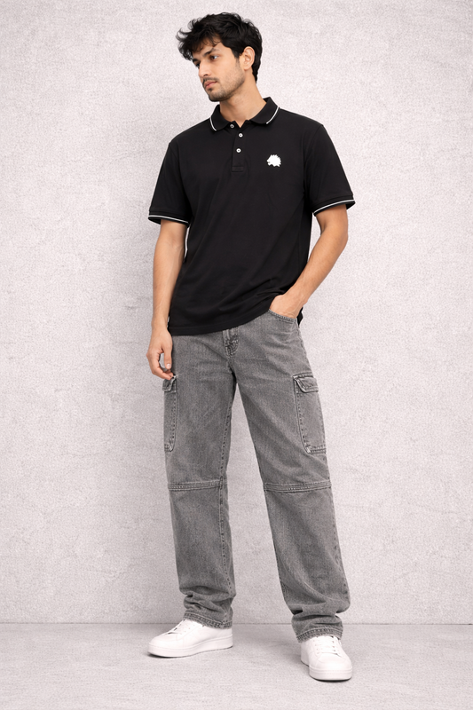 Men's Solid Black Polo T-Shirt Stylish Casual Wear with White Trim Collar