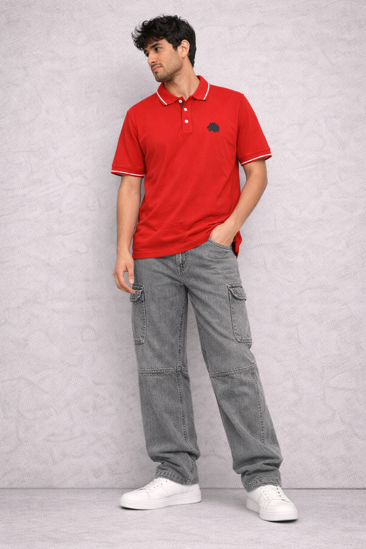 Men's Solid Red Polo T-Shirt Stylish Casual Wear with White Trim Collar