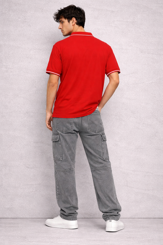 Men's Solid Red Polo T-Shirt Stylish Casual Wear with White Trim Collar