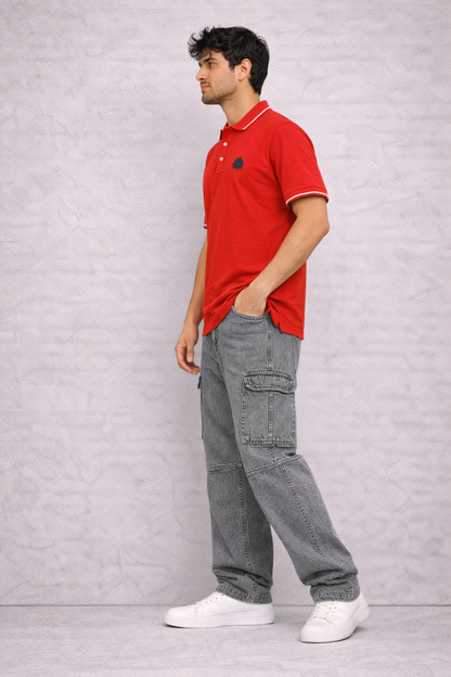 Men's Solid Red Polo T-Shirt Stylish Casual Wear with White Trim Collar